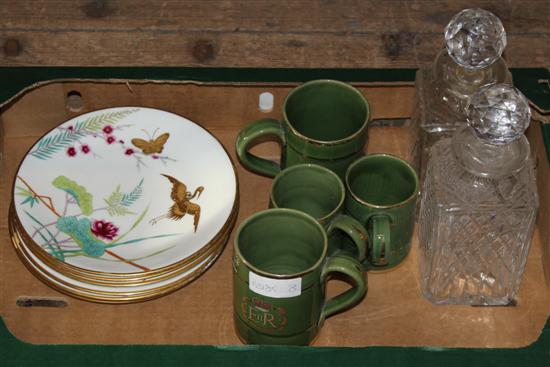 Set of 7 Worcester crane & butterfly gilt-decorated fruit plates, 2 cut glass decanters & 4 Denby Coronation mugs